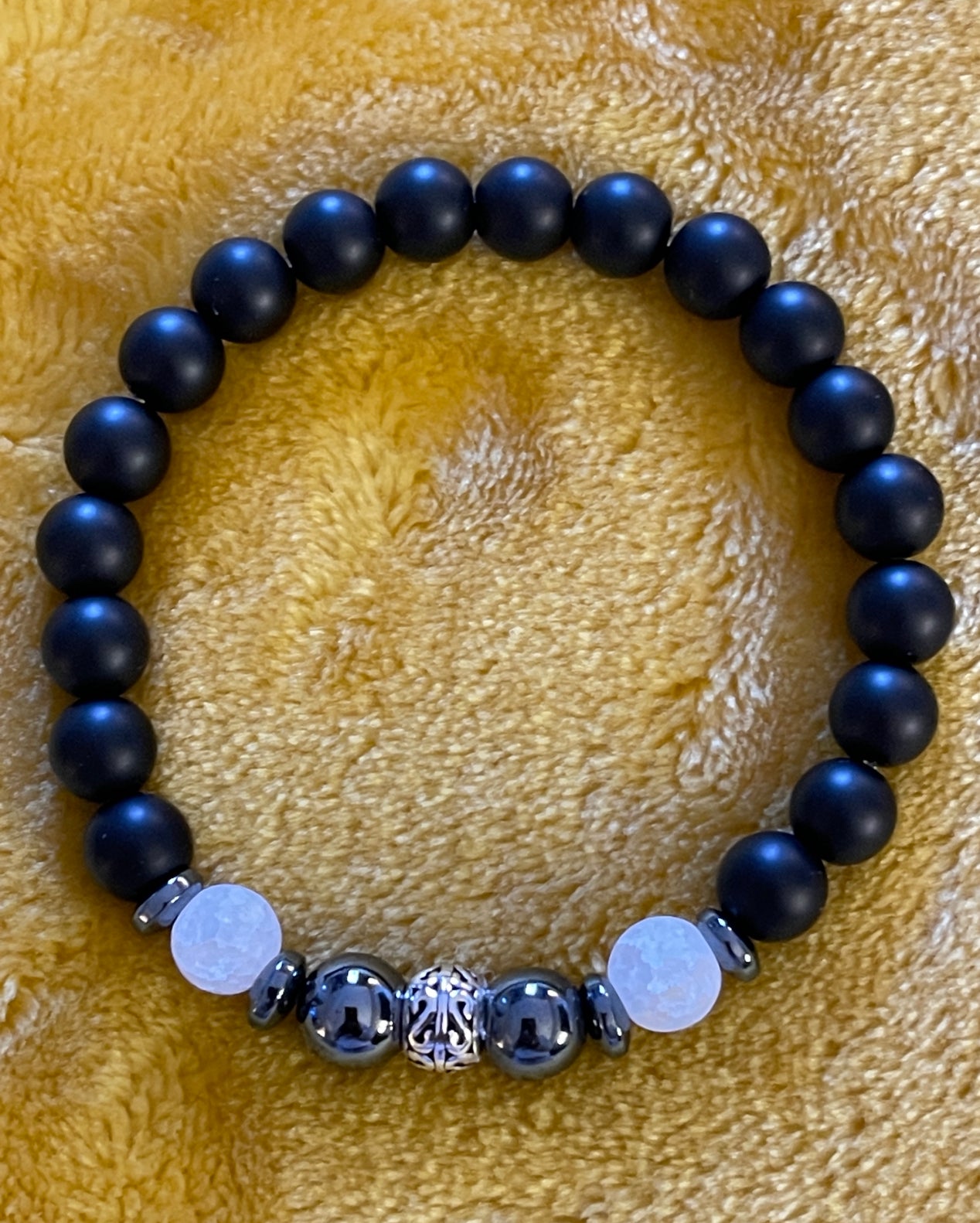 Ladies 8mm Black Onyx/Hematite/Howite/Sterling Silver Bracelet