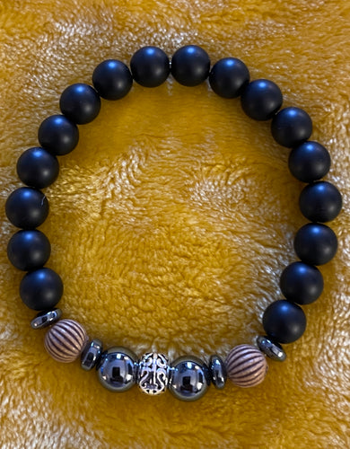 Ladies 8mm Black Onyx/Hematite/Wood/Sterling Silver Beaded Bracelet