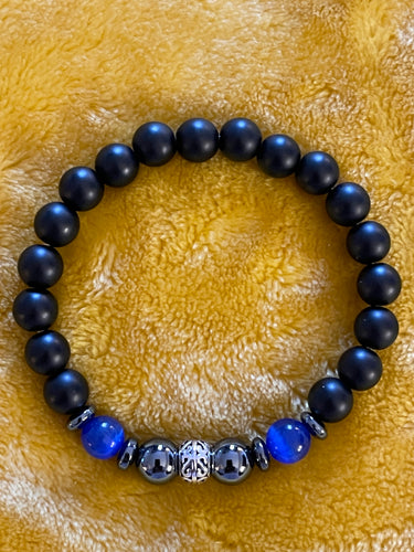 Ladies 8mm Black Onyx/Hematite/Blue Cat Eye/925 Sterling Silver Beaded Bracelet