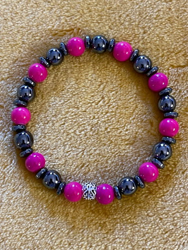 Ladies 8mm Hot Pink/Hematite/925 Sterling Silver Beaded Bracelet