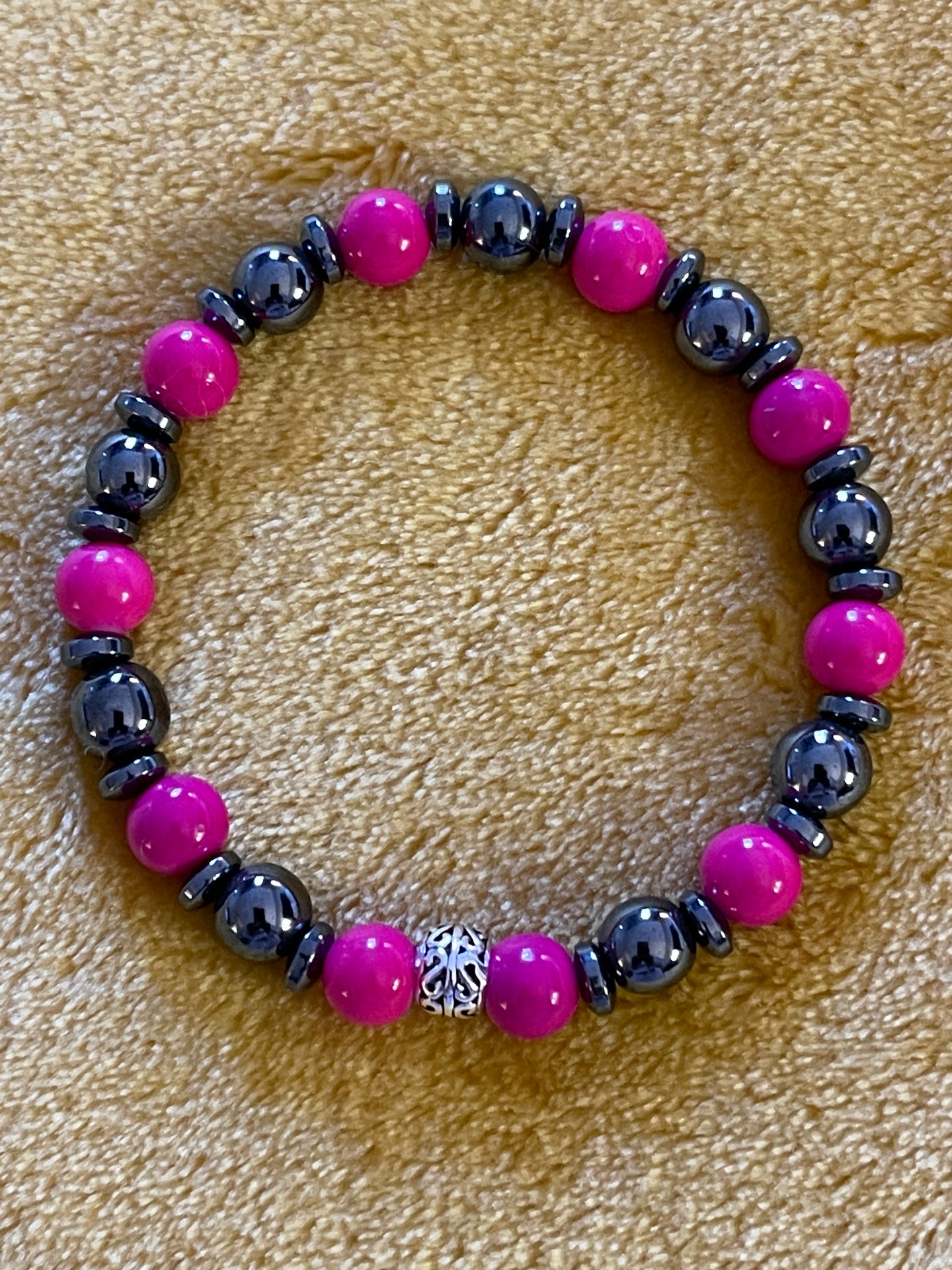 Ladies 8mm Hot Pink/Hematite/925 Sterling Silver Beaded Bracelet