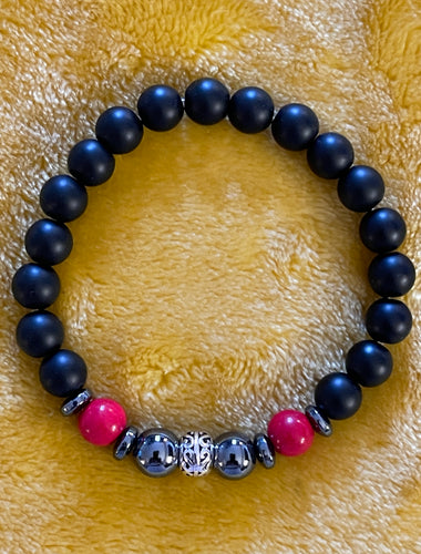 Ladies 8mm Black Onyx/Red Jade/Hematite/925 Sterling Silver Beaded Bracelet