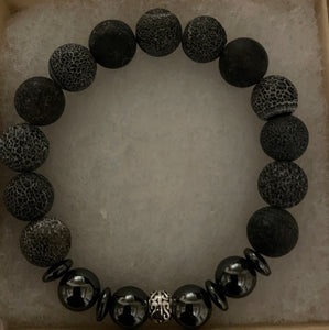 Ladies 8mm Cracked Agate/Hematite/925 Sterling Silver Beaded Bracelet