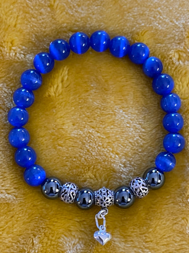 Ladies 8mm Blue Cat Eye/Hematite/925 Sterling Silver Beaded Charm Bracelet