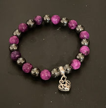 Load image into Gallery viewer, Ladies Amethyst/Hematite/925 Sterling Silver Beaded Charm Bracelet