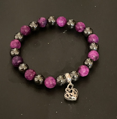 Ladies Amethyst/Hematite/925 Sterling Silver Beaded Charm Bracelet