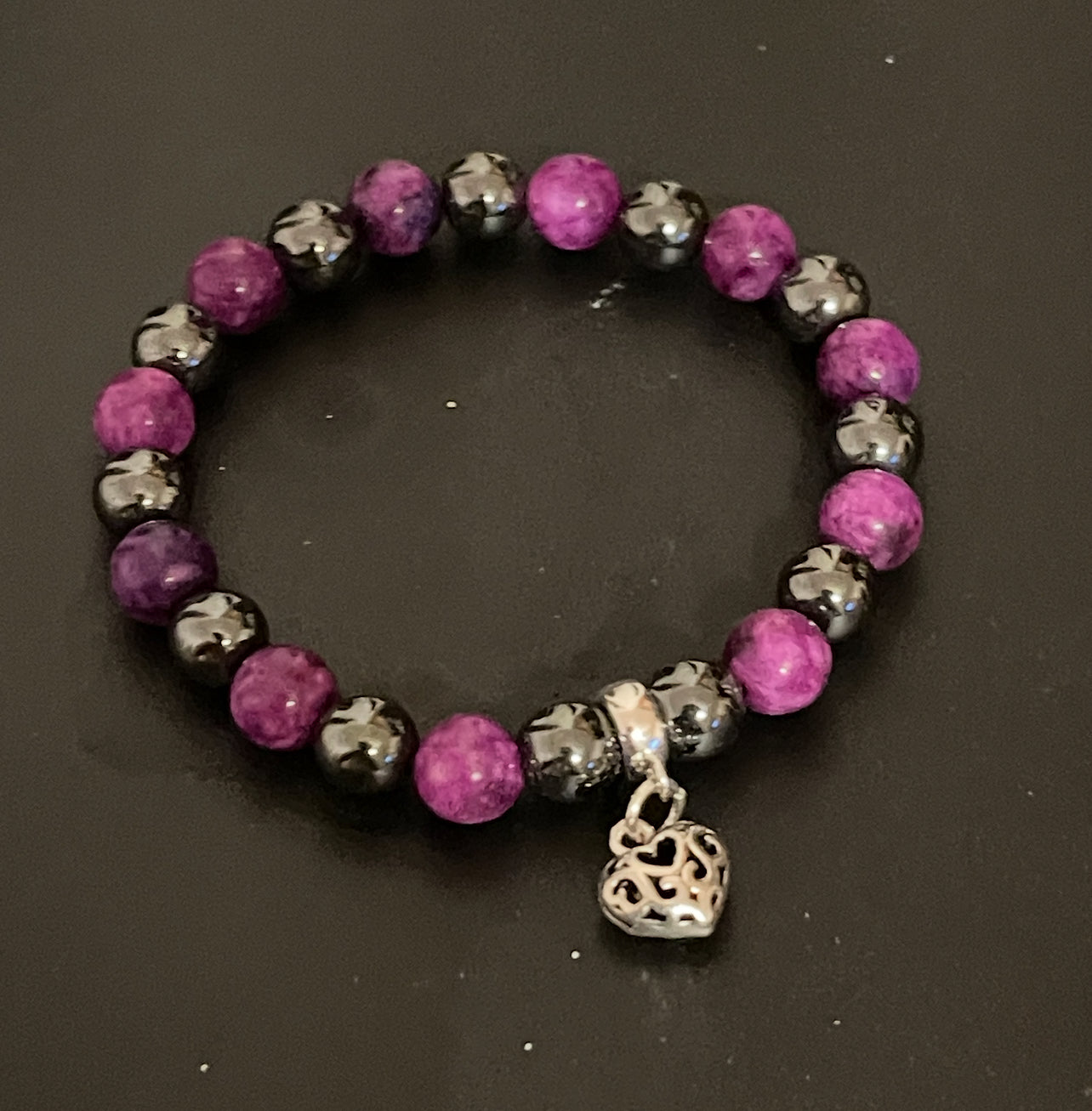 Ladies Amethyst/Hematite/925 Sterling Silver Beaded Charm Bracelet