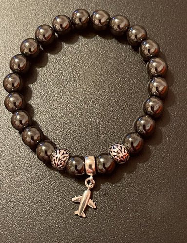 Ladies 8mm Hematite/925 Sterling Silver Beaded Charm Bracelet w/Airplane Charm