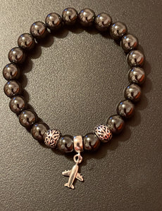 Ladies 8mm Hematite/925 Sterling Silver Beaded Charm Bracelet w/Airplane Charm