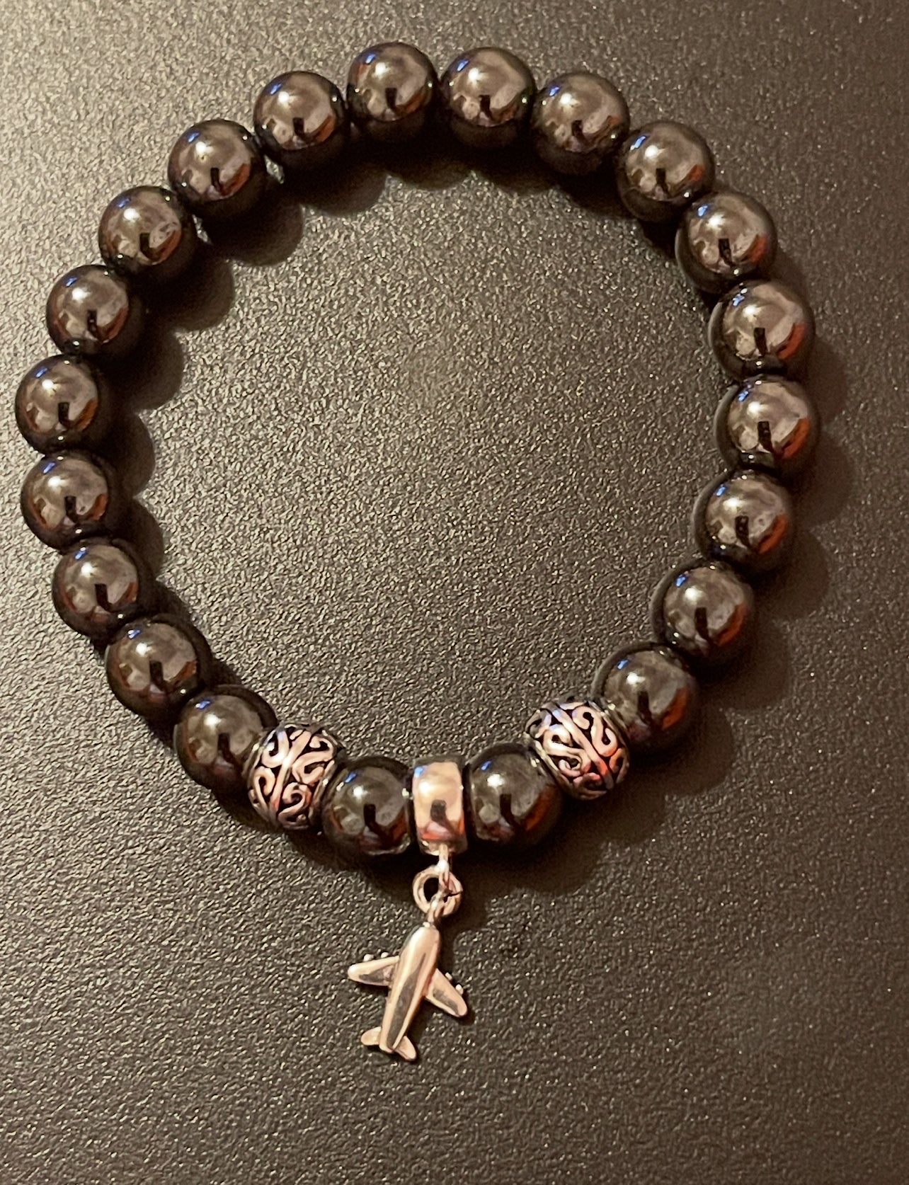 Ladies 8mm Hematite/925 Sterling Silver Beaded Charm Bracelet w/Airplane Charm