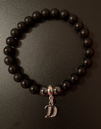 Ladies 8mm Initial Black Onyx/925 Sterling Silver, Beaded Bracelet