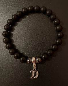 Ladies 8mm Initial Black Onyx/925 Sterling Silver, Beaded Bracelet