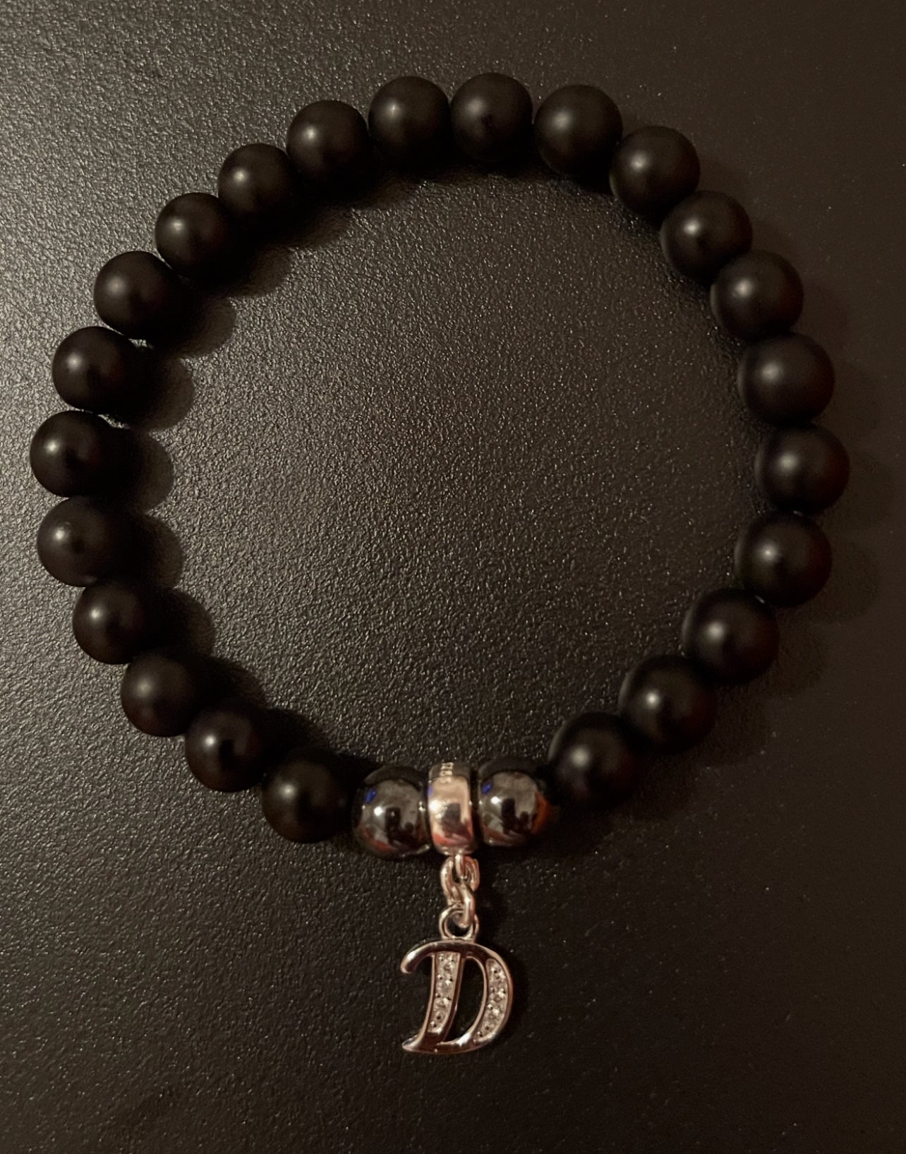 Ladies 8mm Initial Black Onyx/925 Sterling Silver, Beaded Bracelet