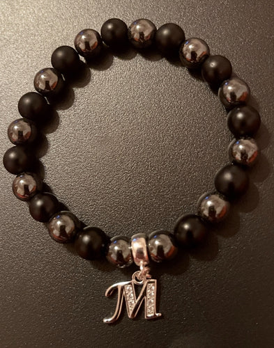 Ladies 8mm  Black Onyx/Hematite/925 Sterling Silver Initial Beaded Bracelet