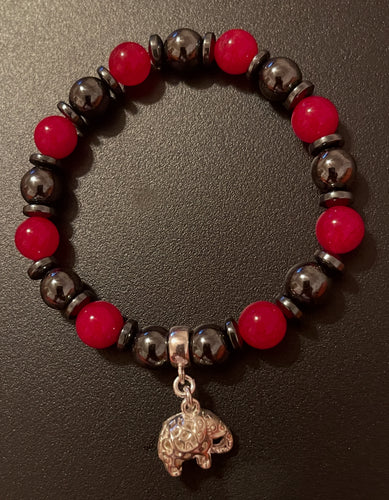 Ladies 8mm Delta Sorority Red Coral, Hematite, 925 Sterling Silver Beaded Bracelet