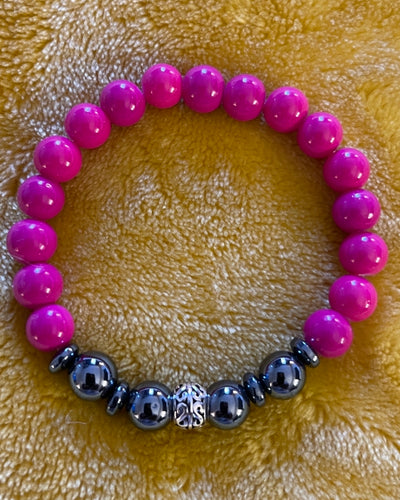 Ladies 8mm Hot Pink Resin/Hematite,925 Sterling Silver Beaded Bracelet