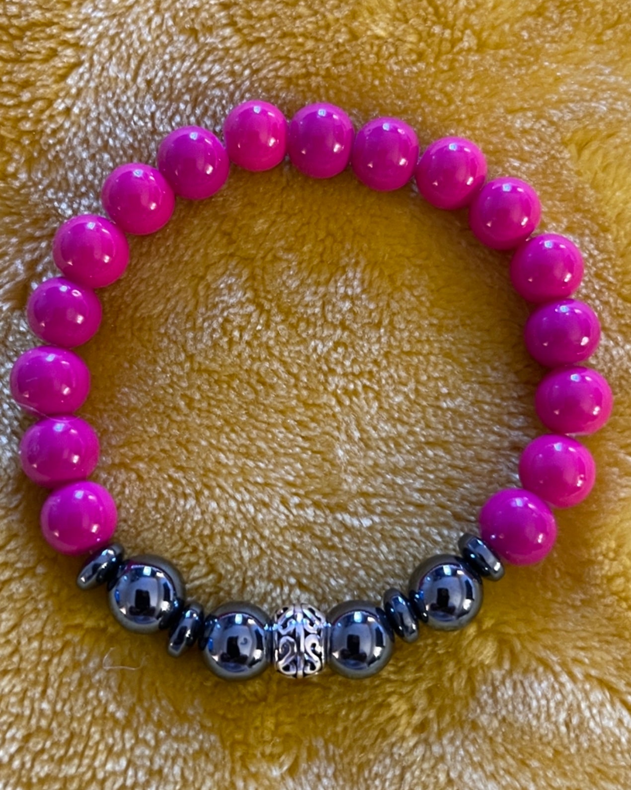 Ladies 8mm Hot Pink Resin/Hematite,925 Sterling Silver Beaded Bracelet