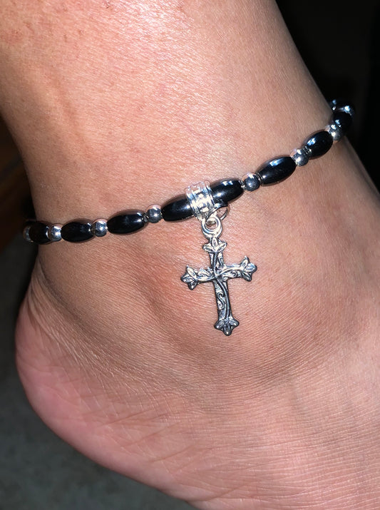 Personalized Hematite and Crystal Ankle Bracelet