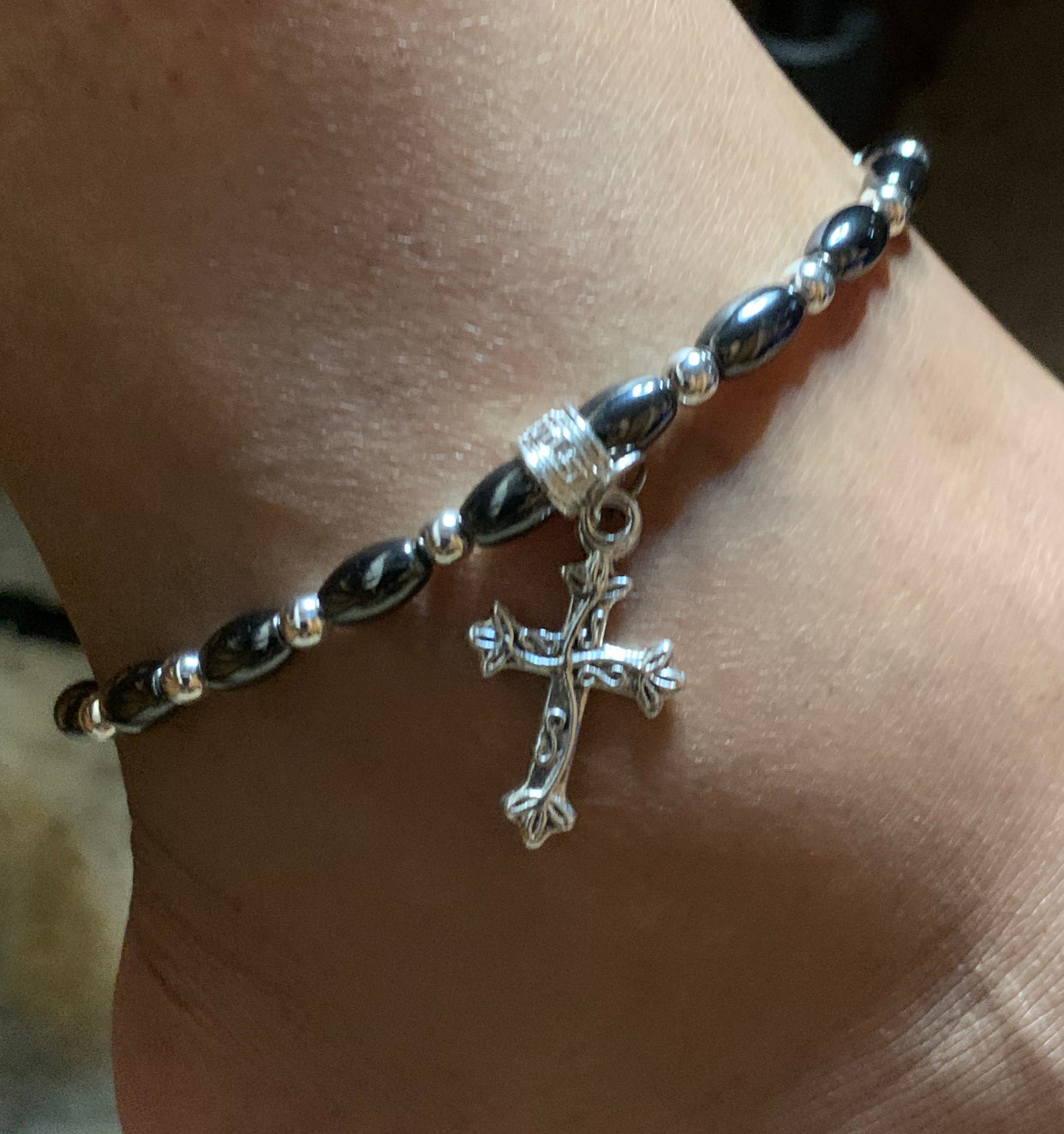 Personalized Hematite and Crystal Ankle Bracelet