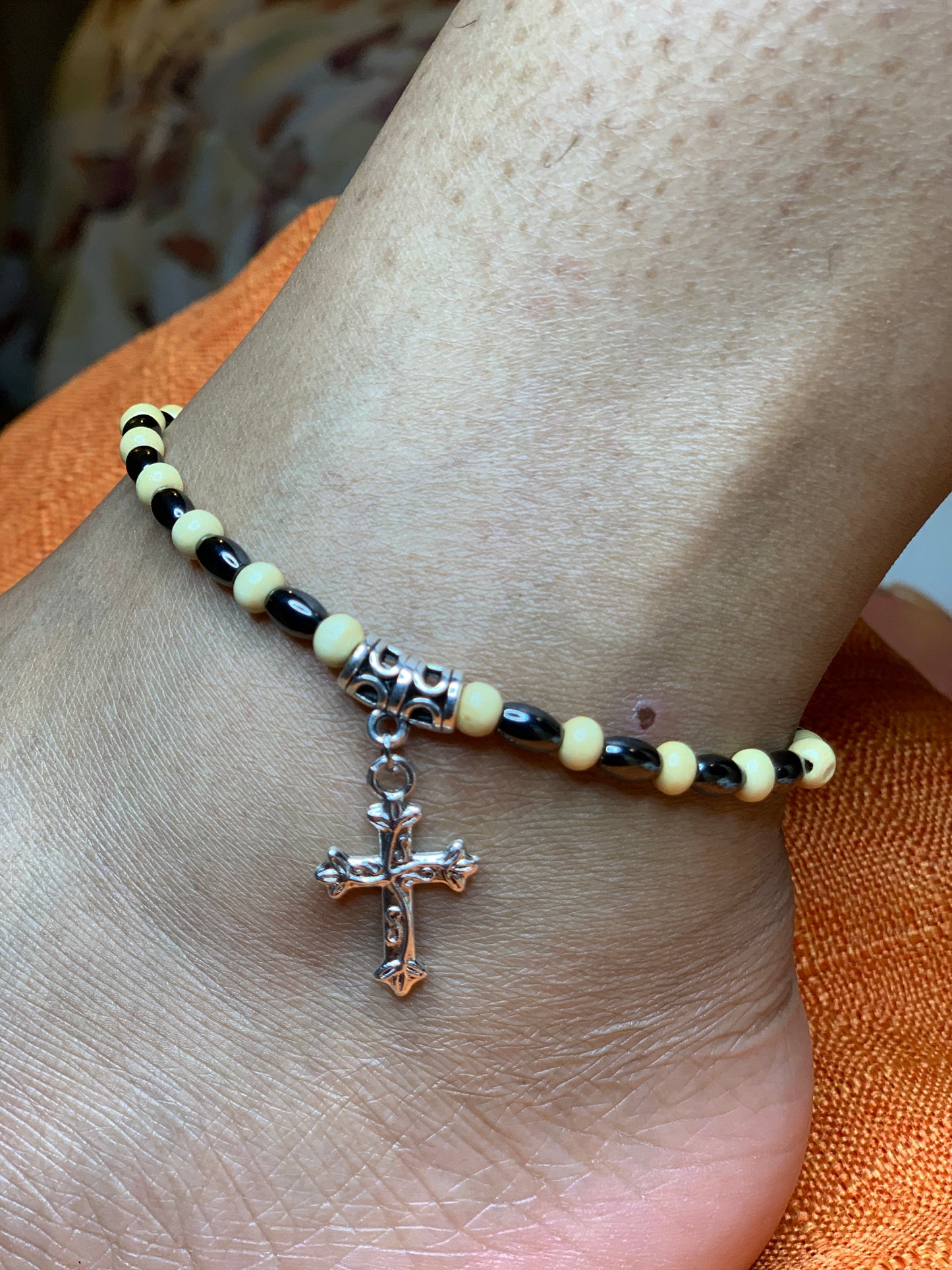 Personalized Beige/Hematite Ankle Bracelet