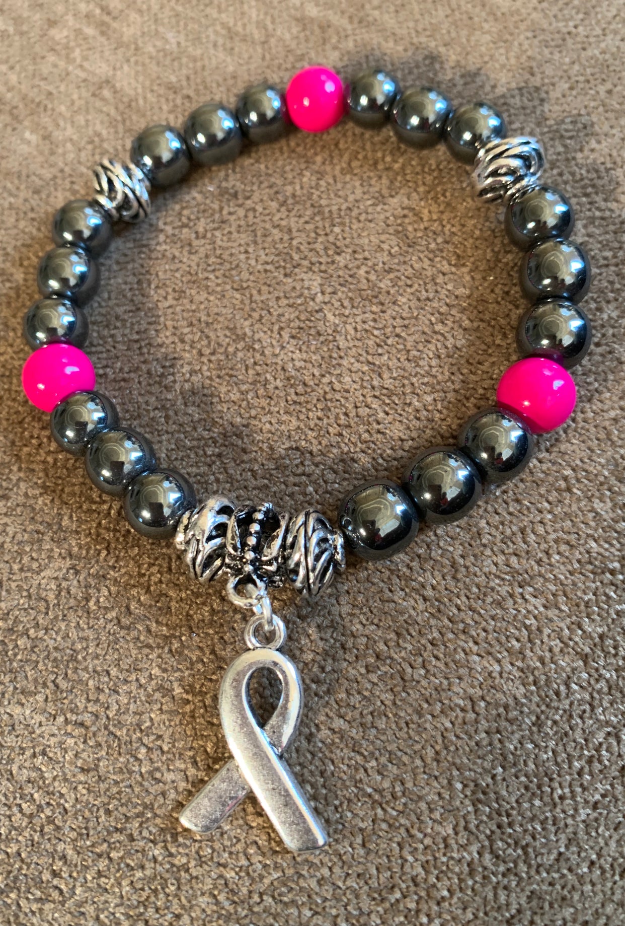 Breast Cancer Awareness Beaded Bracelet w/ Charm