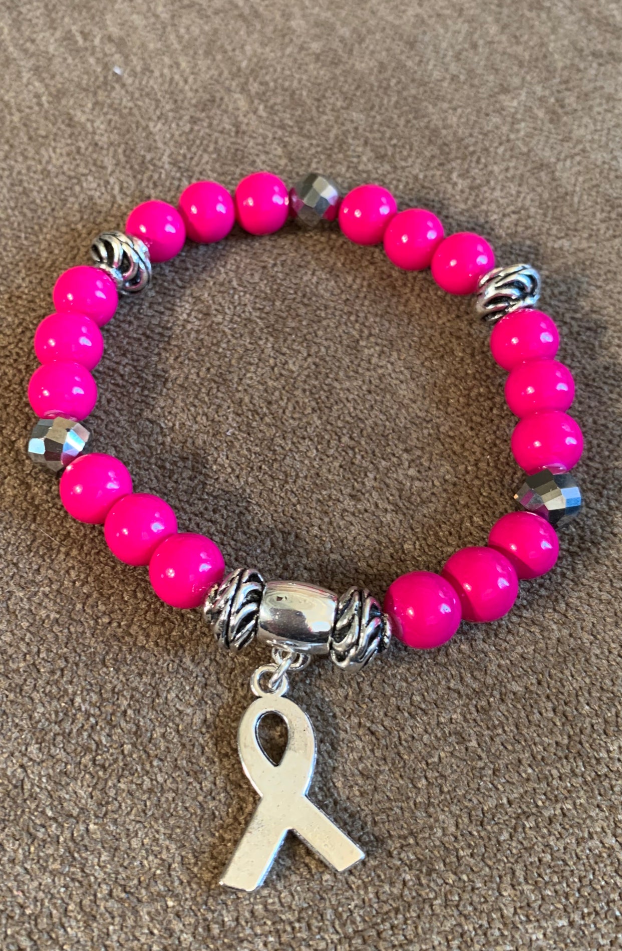 Breast Cancer Awareness Beaded Bracelet w/Charm