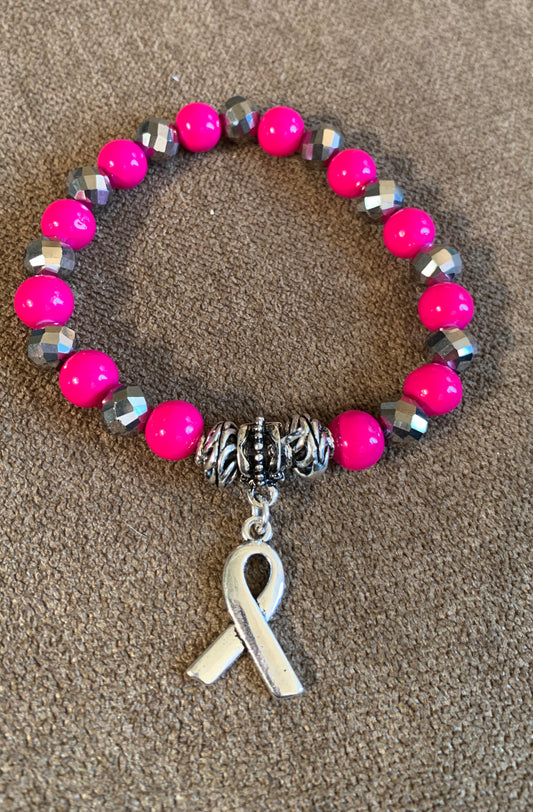 Breast Cancer Awareness Beaded Bracelet with Charm