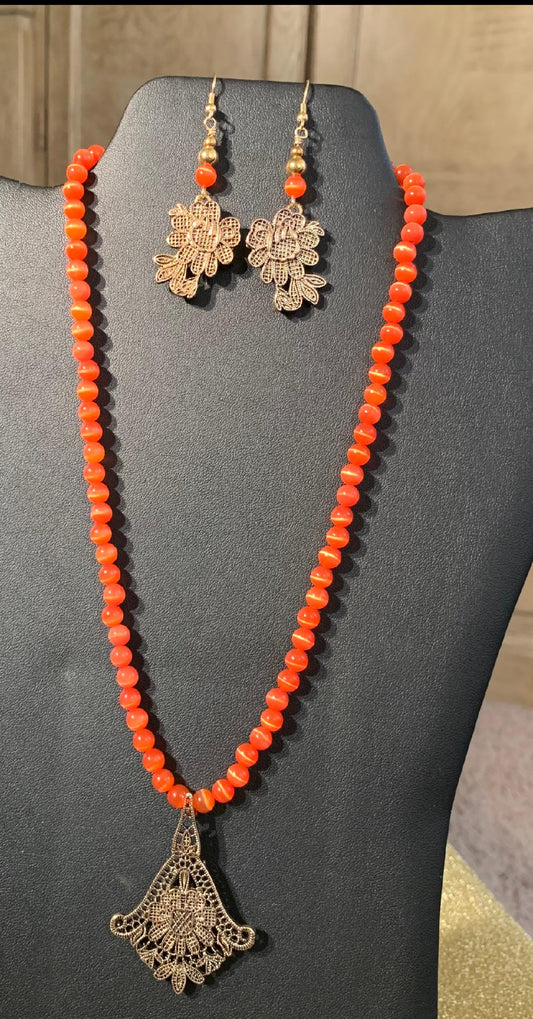 Orange Cateye and Antique Gold Necklace and Earring Set