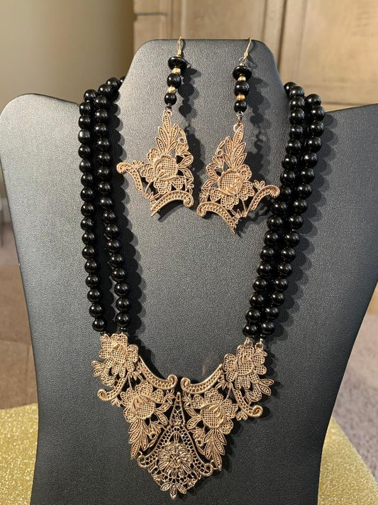 Black Resin and Antique Gold Necklace and Earring Set