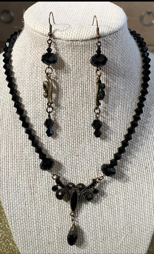 Black Crystal Drop Necklace and Earring Set