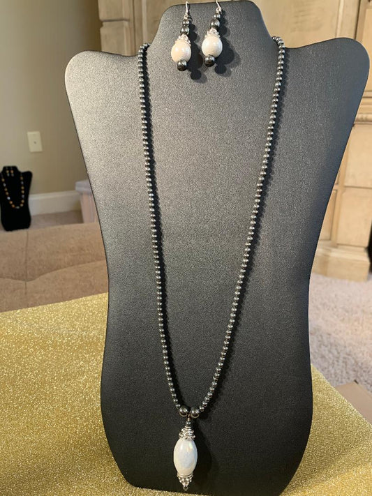 White and Hematite Necklace and Earring Set