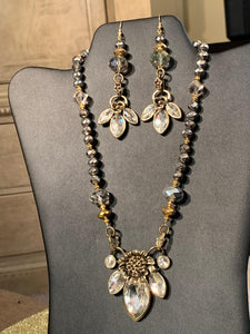 Antique Gold and Rhinestone Flower Petal Necklace and Earring Set