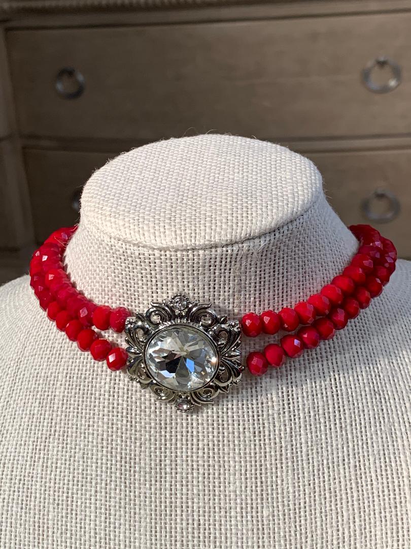 Red Crystal Glass and Rhinestone Choker