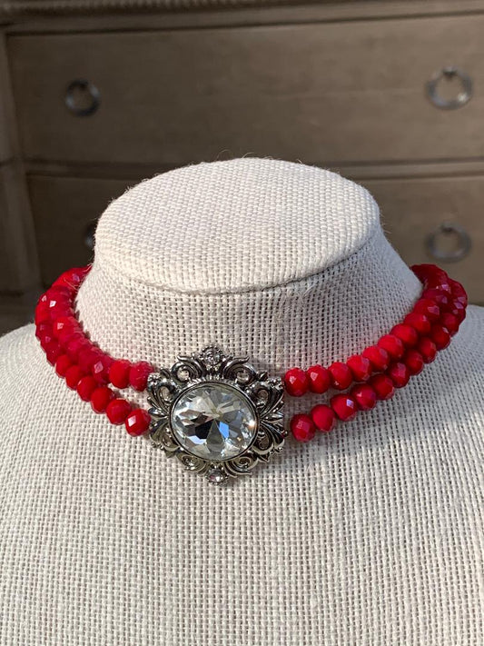 Red Crystal Glass and Rhinestone Choker