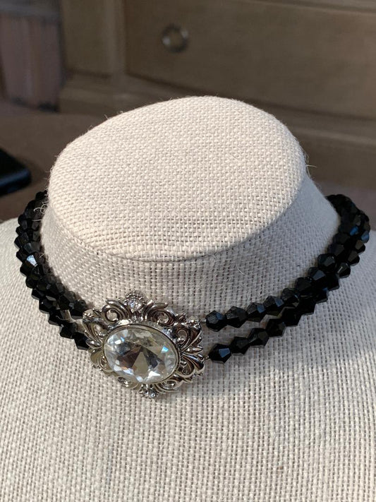 Black Crystal Glass and Rhinestone Choker