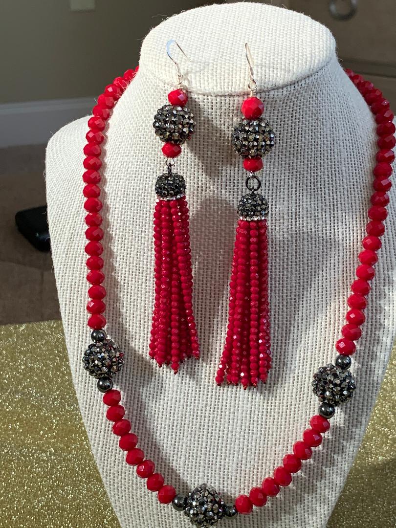 Red Crystal Glass Tassel Necklace and Earring Set