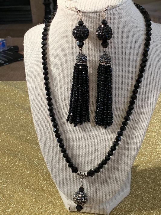 Black Crystal Glass Tassel Necklace and Earring Set