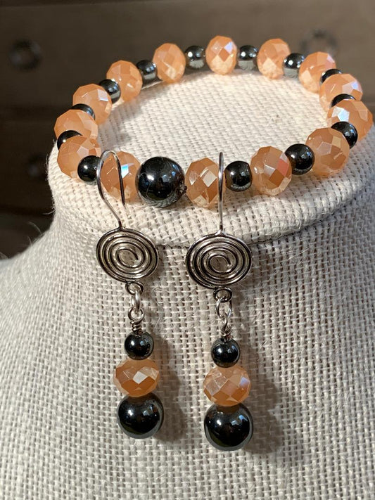 Peach Resin and Hematite Bracelet and Earring Set