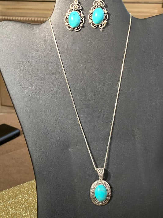 Turquoise and Antique Silver Necklace and Earring Set