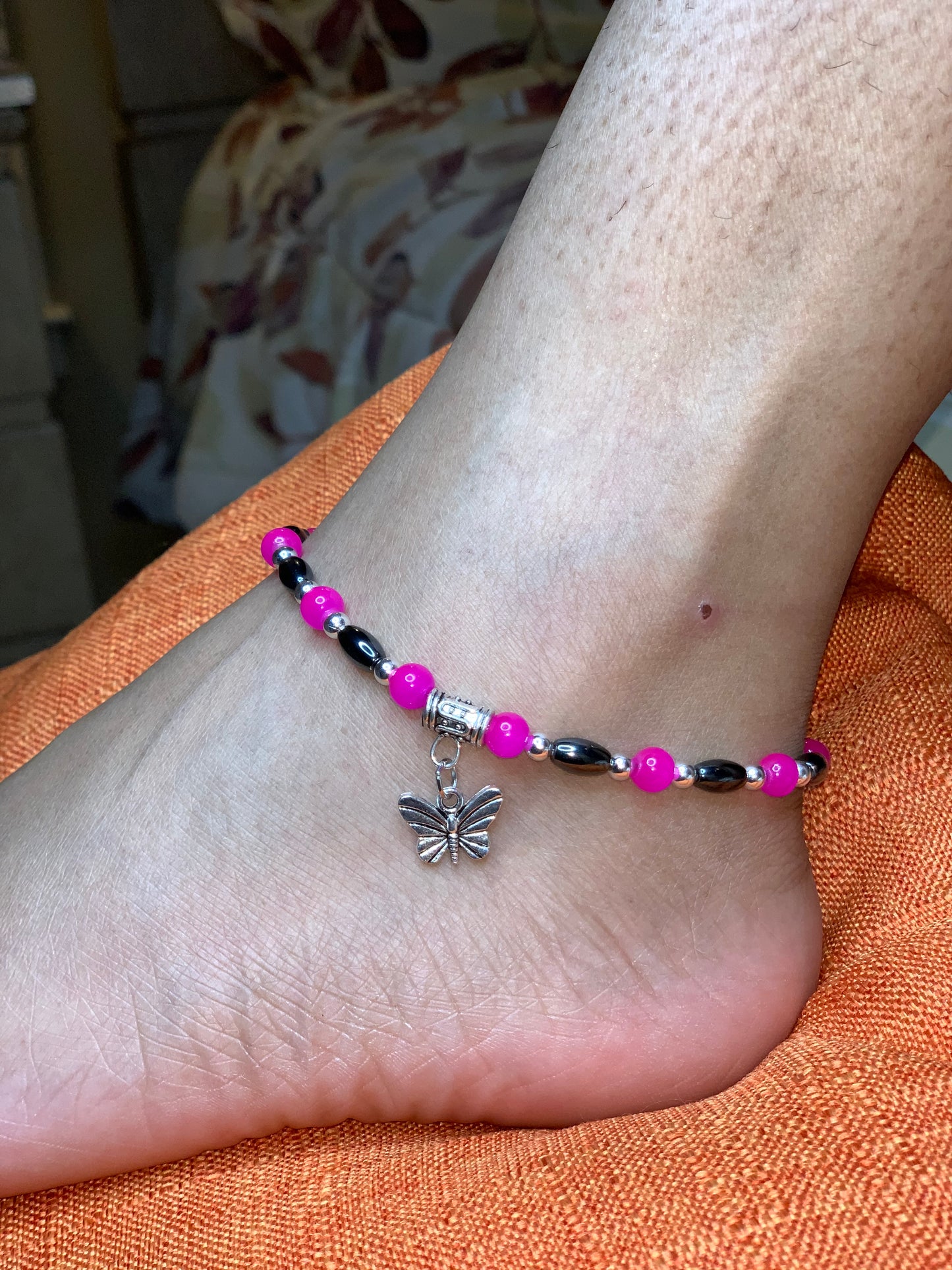 Personalized Hot Pink Ankle Bracelet w/ Butterfly Charm